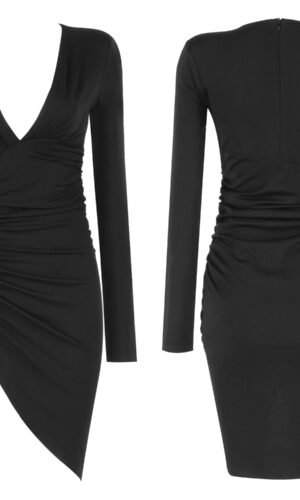 Josephine Black V Neck Mini Long Sleeve Dress