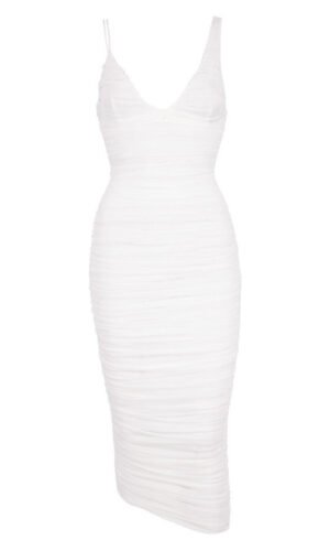 Angelina White V Neck Mesh Spaghetti Strap Midi Dress