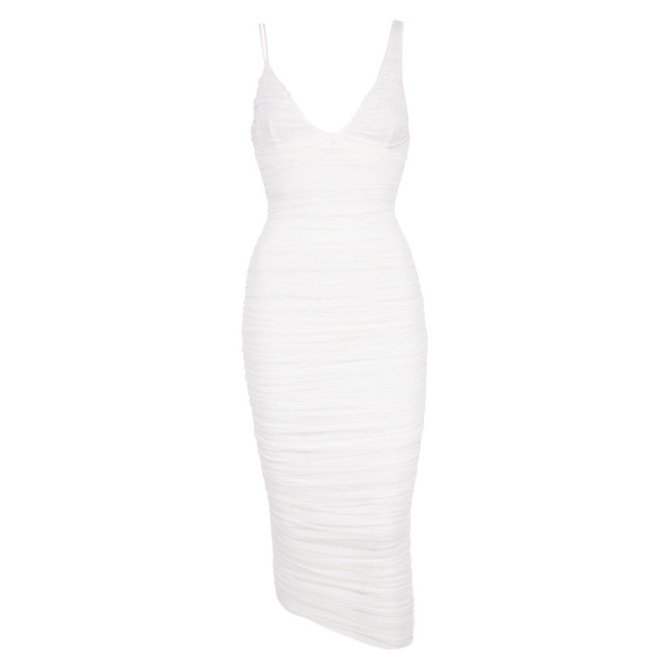 Angelina White V Neck Mesh Spaghetti Strap Midi Dress