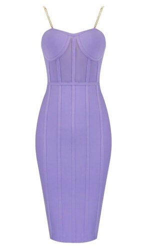 Jacqui Purple Metal Strap Bandage Dress with Mesh