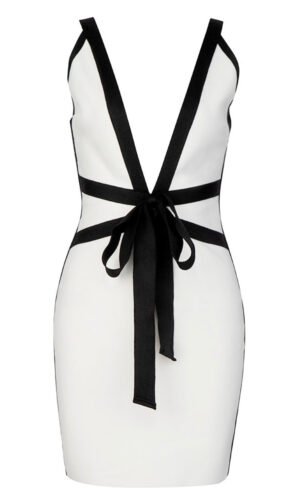 Blakely Black White Plunge V Neck Mini Dress with Tie Detail