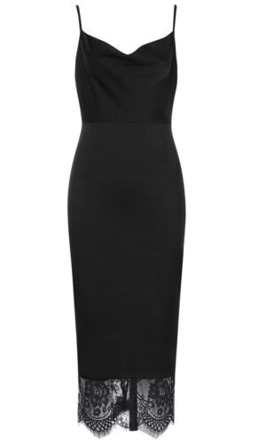 Laney Black Spaghetti Strap Midi Dress with Lace Hem