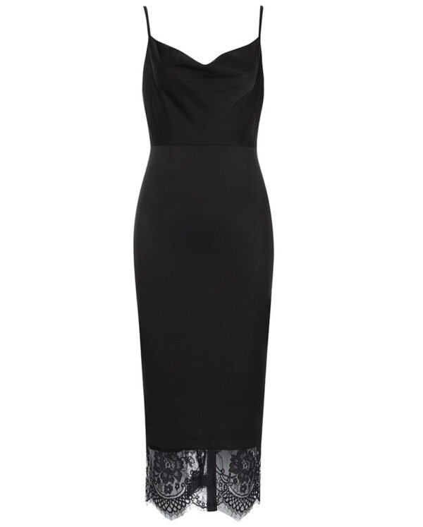 Laney Black Spaghetti Strap Midi Dress with Lace Hem