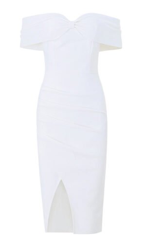 Kenley White Draped Off Shoulder Midi Dress