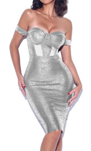 Davina Sliver Off Shoulder Midi Bandage Dress