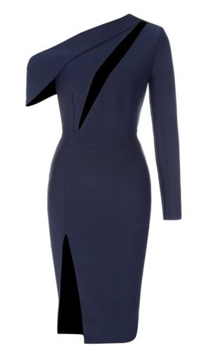 Raya Dark Blue Long Sleeve Midi Dress with V Neckline