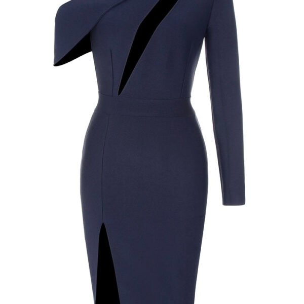 Raya Dark Blue Long Sleeve Midi Dress with V Neckline