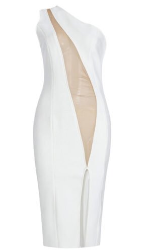 Lola White Mesh Insert One Shoulder Midi Dress