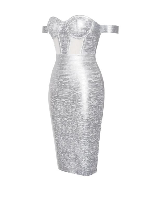 Davina Sliver Off Shoulder Midi Bandage Dress - Image 3