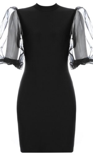 Ariana Black High Neck Min Dress with Mesh Bandage