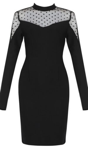 Hailey Black Long Sleeve Mini Dress with Polka Dot Mesh Insert