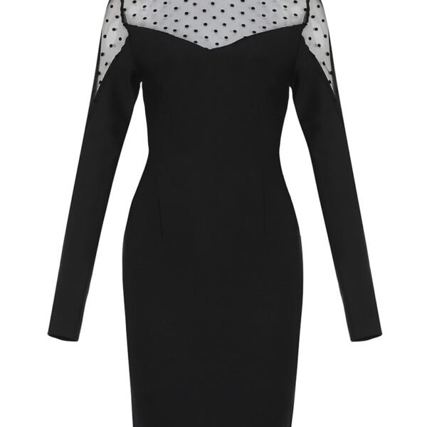 Hailey Black Long Sleeve Mini Dress with Polka Dot Mesh Insert