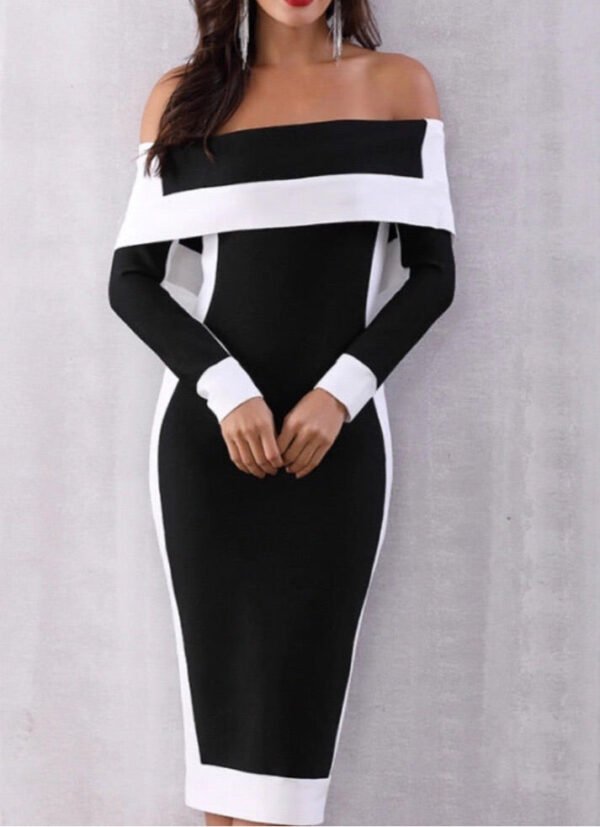 Betsy Black White Off Shoulder Long Sleeve Bandage Dress - Image 5