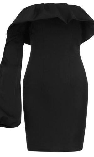 Lillian Black One Shoulder Long Puff Sleeve Mini Dress