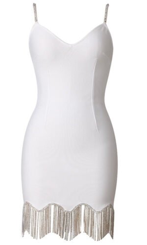 Norah White Spaghetti Strap Mini Dress with Diamond Hem Detail
