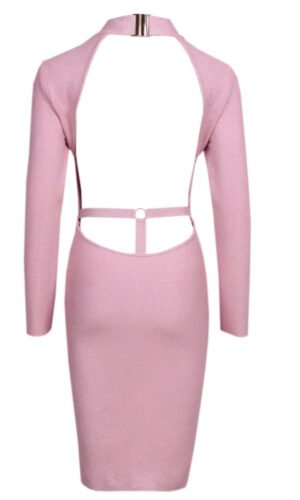 Molly Sparkly Pink Long Sleeve Backless Midi Dress