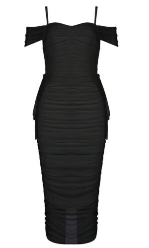 Gemma Off Shoulder Draped Black Mesh Midi Dress
