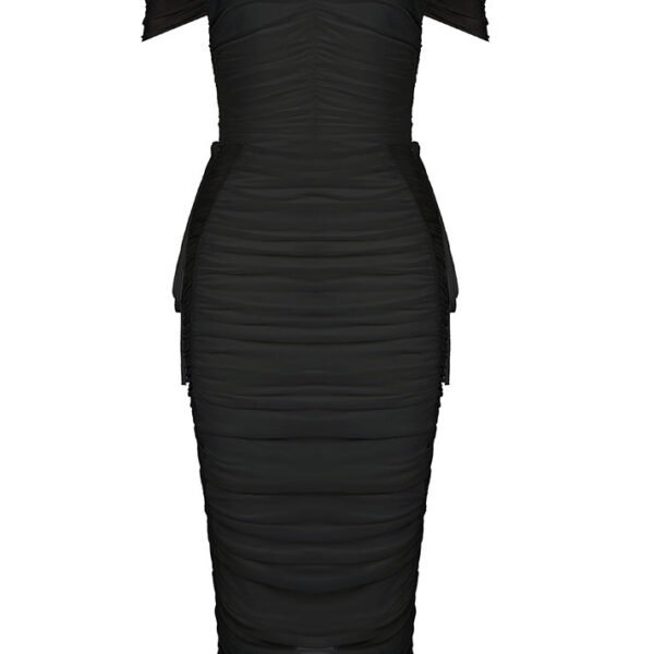 Gemma Off Shoulder Draped Black Mesh Midi Dress