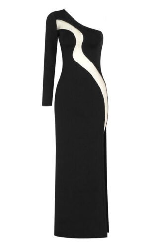 Rylee Black One Sleeve Maxi Dress with Front Mesh Details