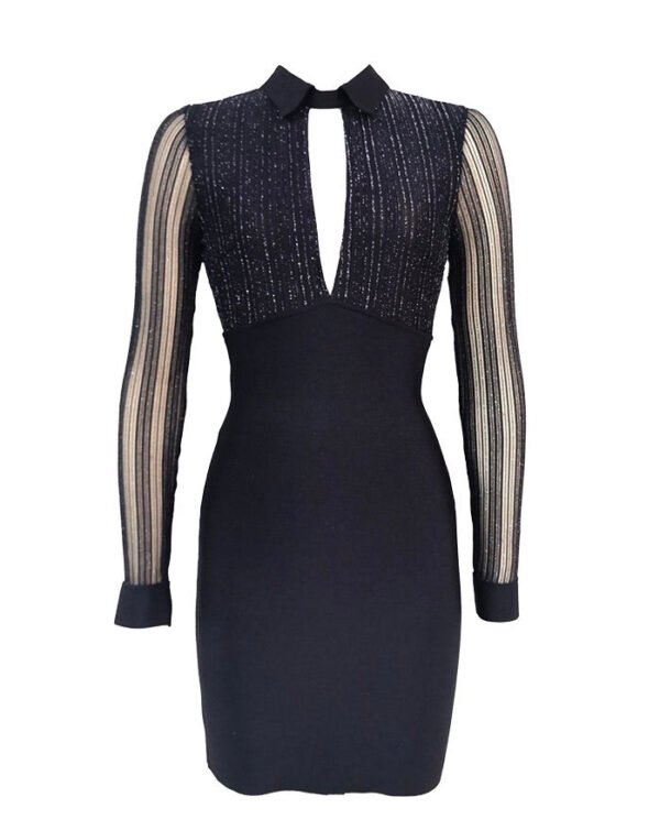 Lennon Black Long Sleeve Bandage Dress with Sequin - Image 6