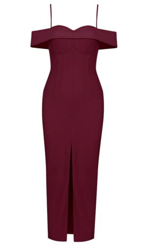Leanna Burgundy Ribbed Off The Shoulder Midi Dress