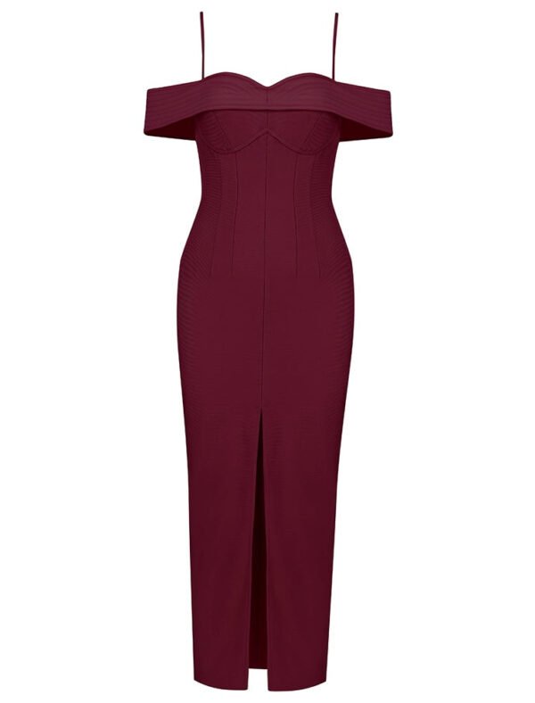 Leanna Burgundy Ribbed Off The Shoulder Midi Dress