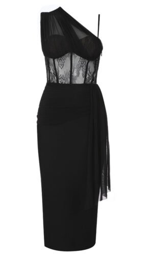 Alena Black One Shoulder Lace Midi Dress