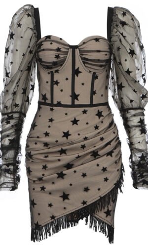 Kamiyah Mesh Puff Sleeve Black Beige Draped Mini Dress