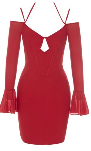 Murphy Red Halter Bustier Long Sleeve Mini Dress