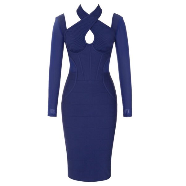 Aaliyah Blue Long Sleeve Structured Midi Dress with Halter Neckline