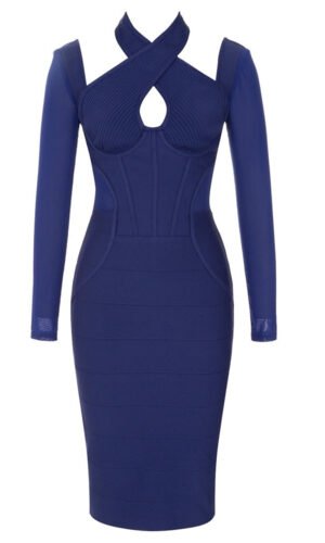 Aaliyah Blue Long Sleeve Structured Midi Dress with Halter Neckline