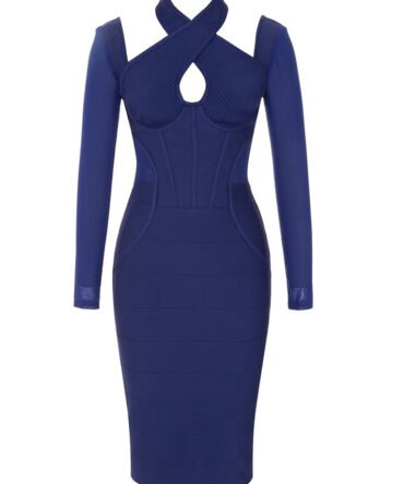 Aaliyah Blue Long Sleeve Structured Midi Dress with Halter Neckline