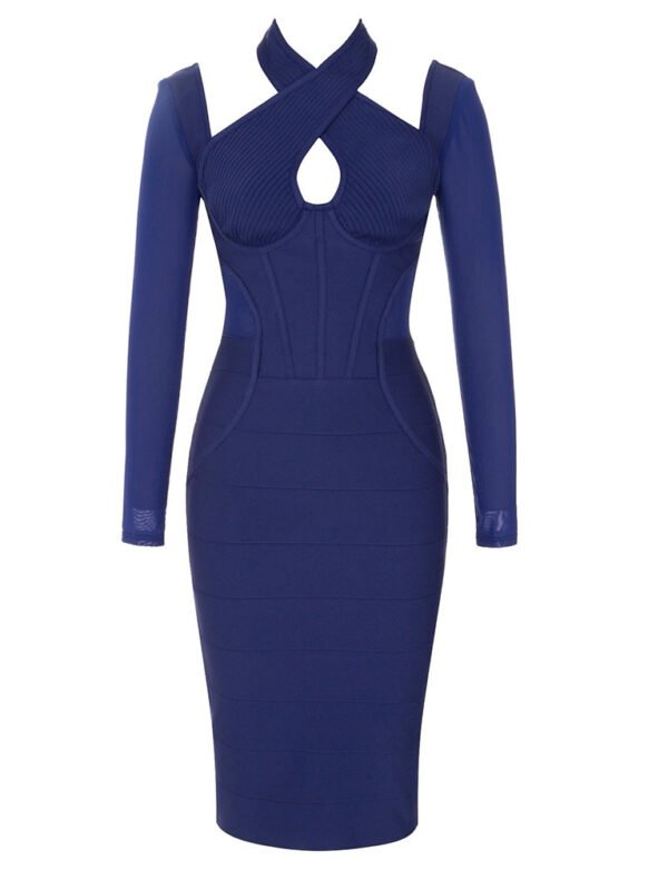 Aaliyah Blue Long Sleeve Structured Midi Dress with Halter Neckline