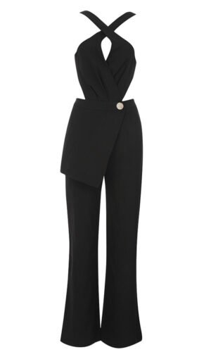 Jasmine Black Asymmetric Open Back Halter Jumpsuit