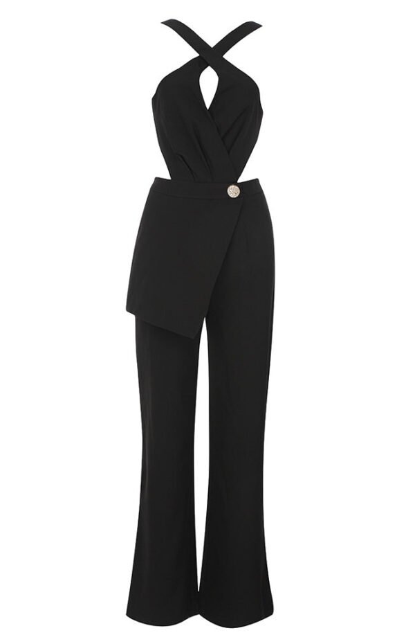 Jasmine Black Asymmetric Open Back Halter Jumpsuit