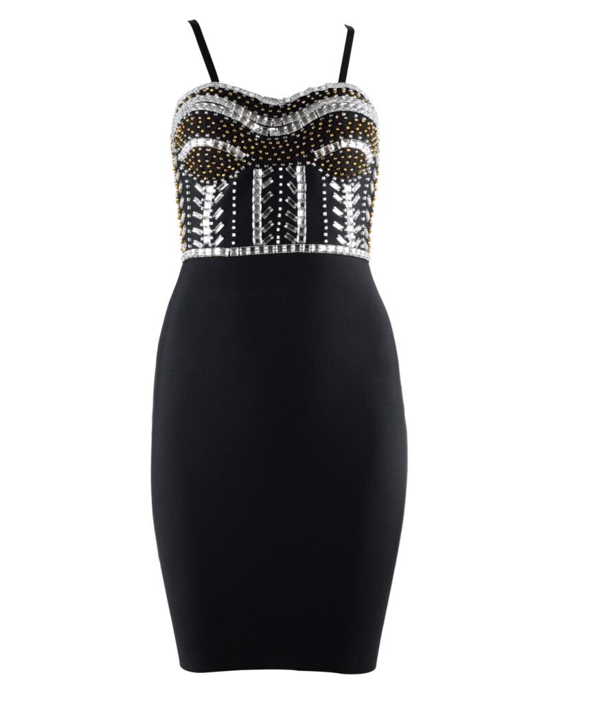 Lucille Black Spaghetti Strap Mini Stud Bandage Dress