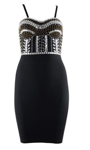 Lucille Black Spaghetti Strap Mini Stud Bandage Dress