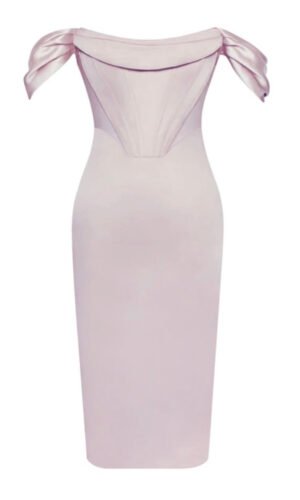 Caroline Pink Draped Bardot Midi Satin Dress