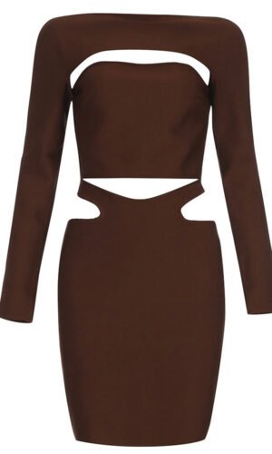 Natalia Brown Long Sleeve Cut Out Mini Dress