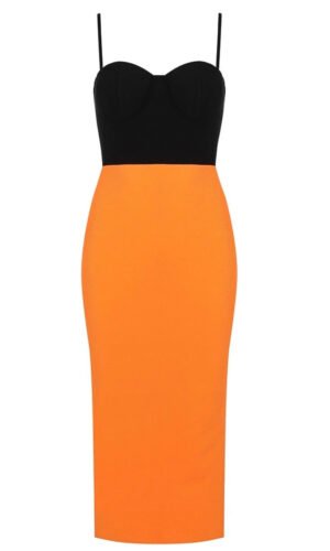 Harleigh Orange Black Bustier Strap Midi Dress
