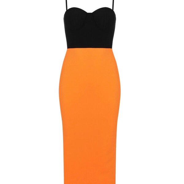 Harleigh Orange Black Bustier Strap Midi Dress