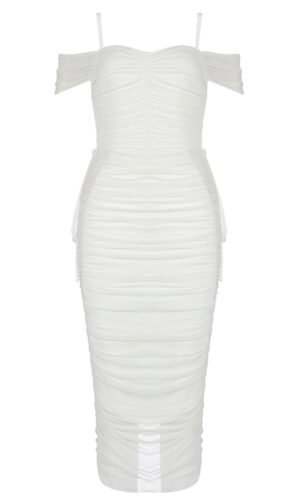 Gemma Off Shoulder Draped White Mesh Midi Dress