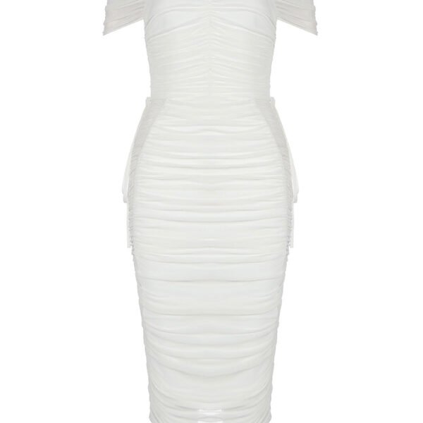 Gemma Off Shoulder Draped White Mesh Midi Dress