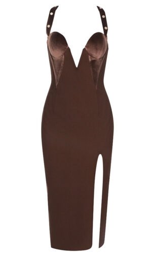 Nadine Halter Brown Studded Bustier Midi Dress