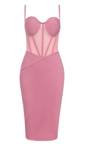 Rhea Pink Corset Ribbed Spaghetti Strap Midi Dress