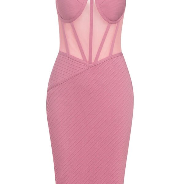 Rhea Pink Corset Ribbed Spaghetti Strap Midi Dress