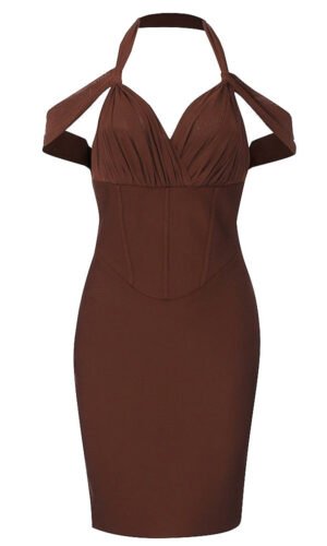 Meriah Brown Halter Off Shoulder Draped Mini Dress