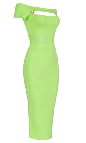 Laila Short Sleeve Bardot Lime Green Ribbed Midi Dress