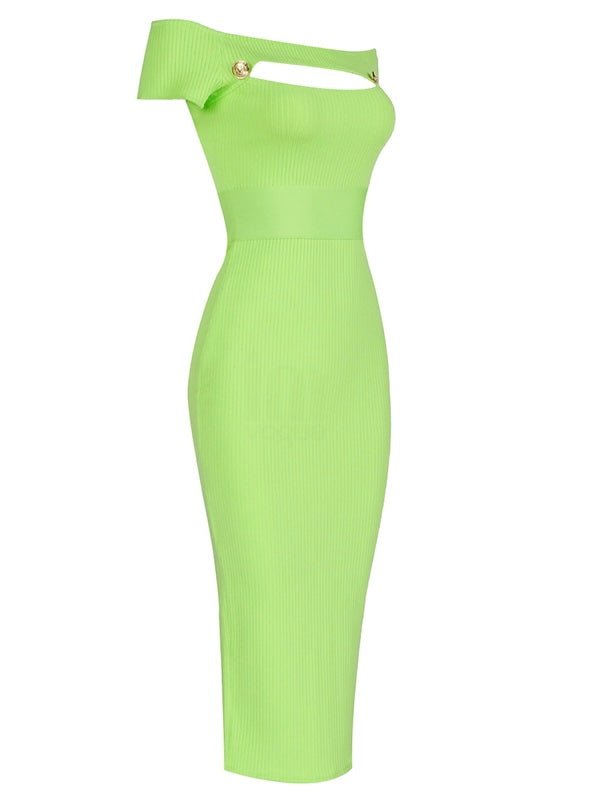 Laila Short Sleeve Bardot Lime Green Ribbed Midi Dress