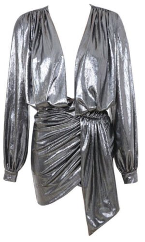 Oliwia Silver V-Neck Long Sleeve Mini Dress